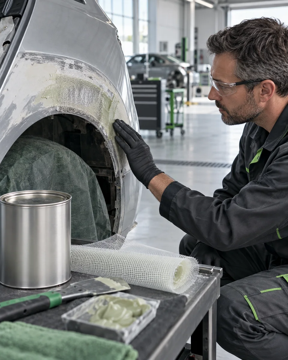 Illustrative fiberglass-reinforced repair on a vehicle wheel arch