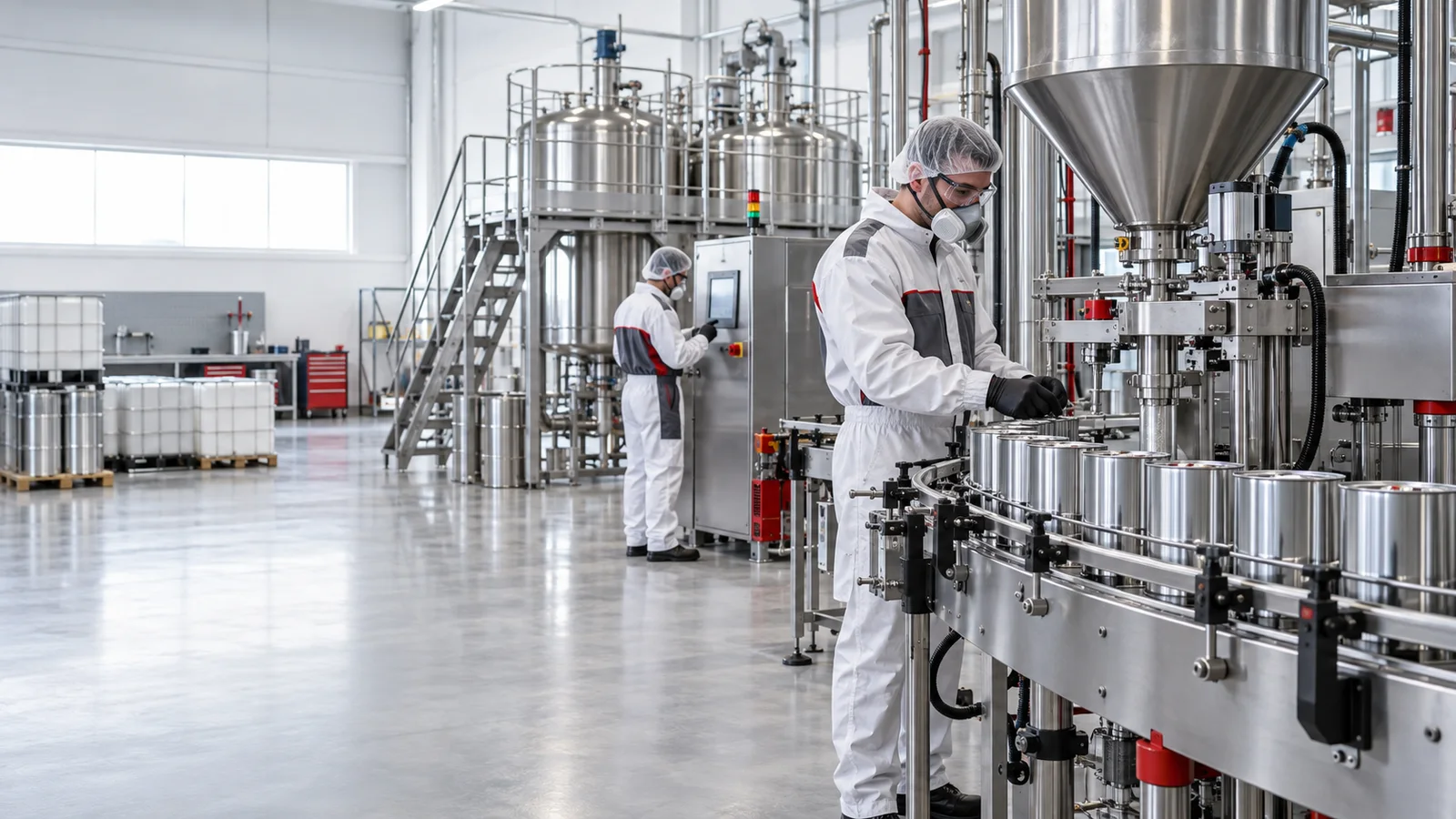 Illustrative automotive refinish material filling and packaging line