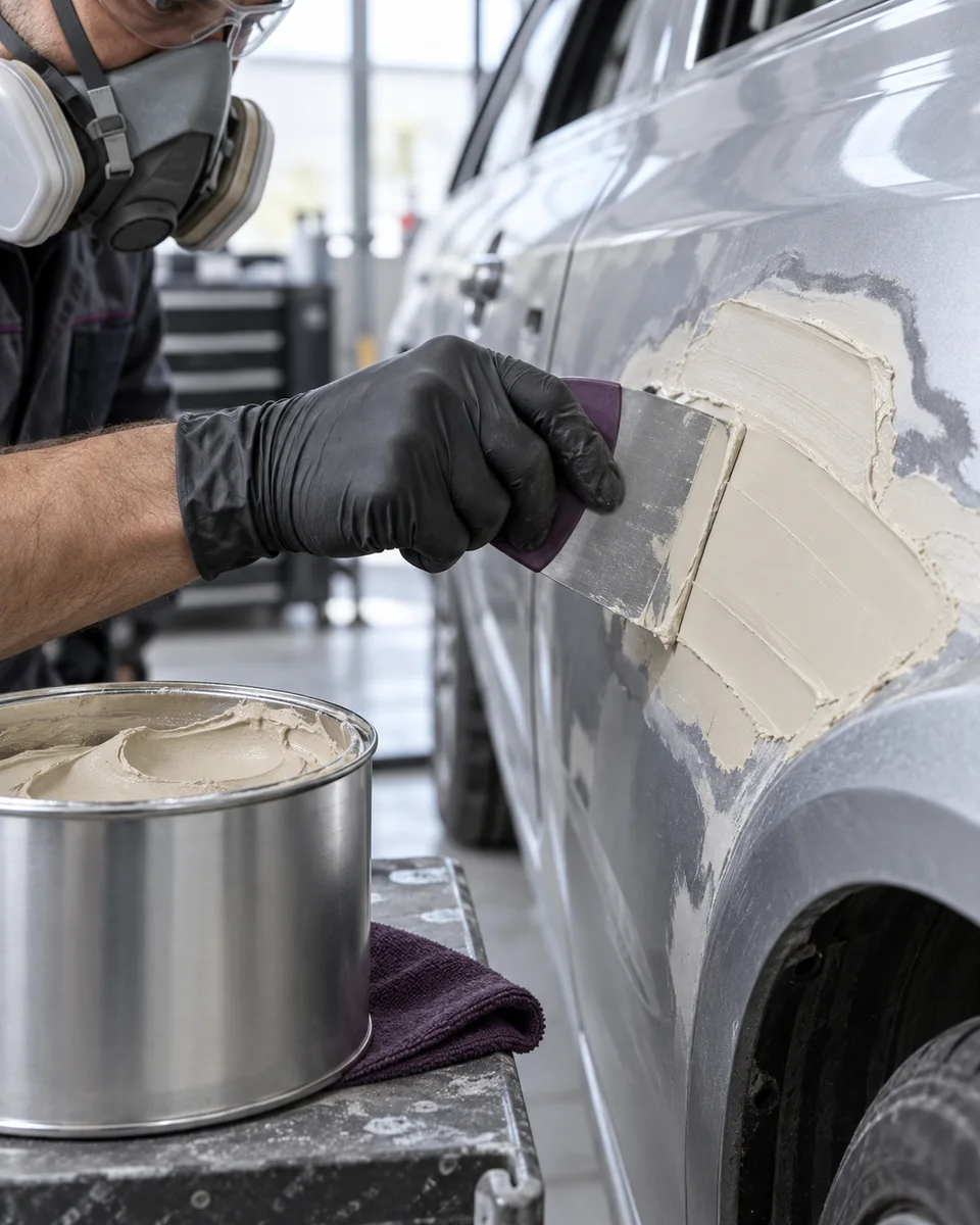 Illustrative polyester putty spread over a prepared car body panel